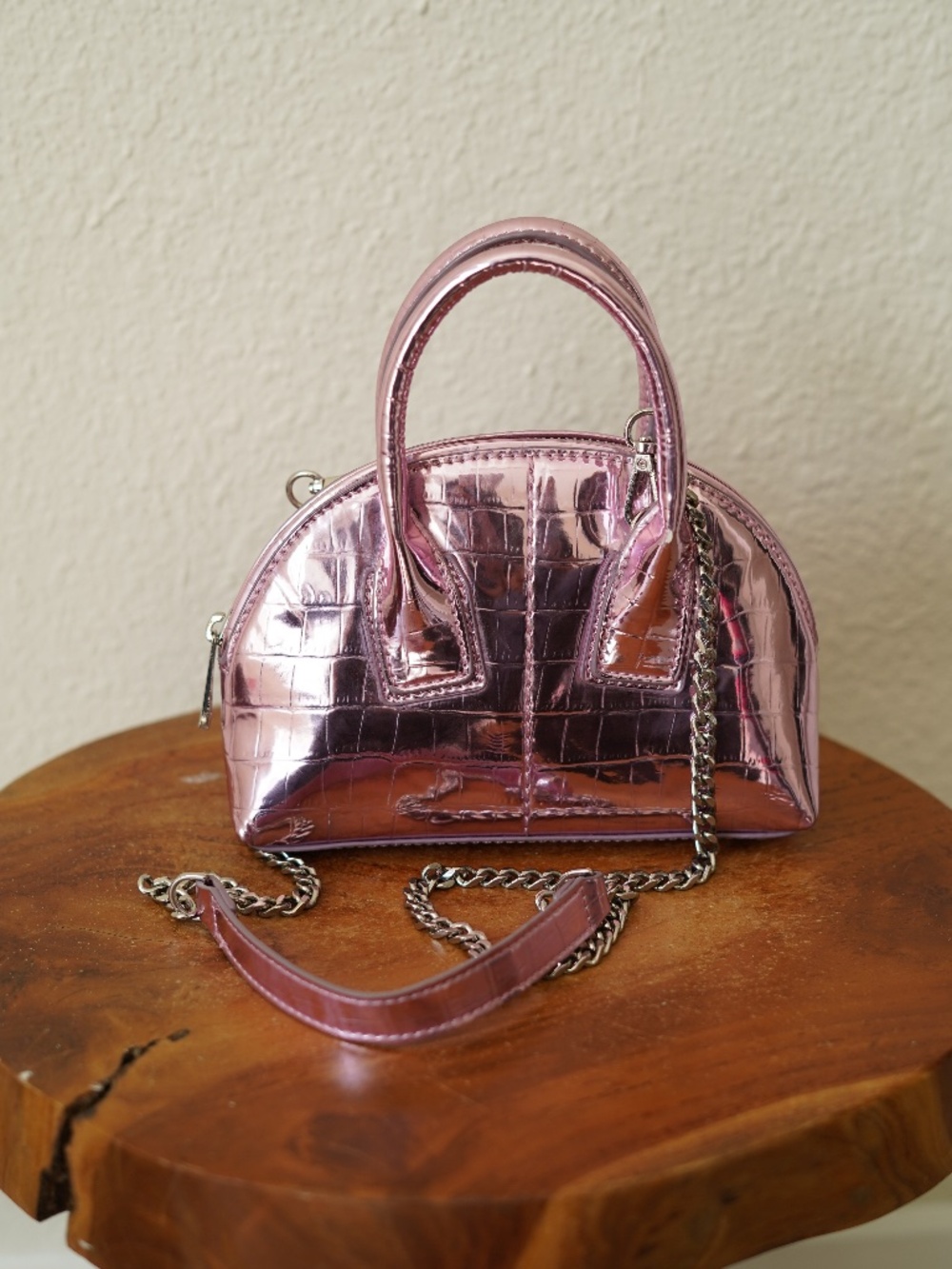 Zara Woman Embossed Animal Look Metallic Pink Mini Bag With Chain
